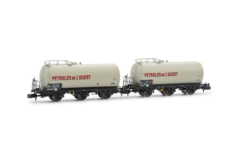 Arnold HN6677 SNCF, 2-teiliges Set 3-achsiger Kesselwagen, Petroles de l'Ouest, graue Lackierung, epIV Güterwagen, Grau - 2
