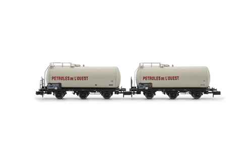 Arnold HN6677 SNCF, 2-teiliges Set 3-achsiger Kesselwagen, Petroles de l'Ouest, graue Lackierung, epIV Güterwagen, Grau - 1