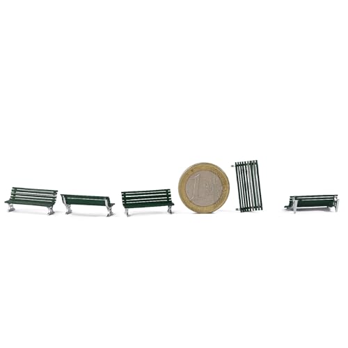 Evemodel 12Stk. Modellbänken im Maßstab 1:87 für Spur H0 Eisenbahn Freizeit Stuhl Bonsai Dekor (A Grün mit Silber) - 2