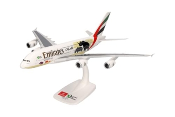 herpa 612180 – Airbus A380, Emirates „United for Wildlife“, Wings, Modell Flugzeug mit Standfuß, Flieger, Modellbau, Miniaturmodelle, Sammlerstück, Kunststoff, Snap Fit - Maßstab 1:250 - 1