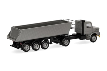 Herpa LKW Modell Mercedes Benz Scania Hauber Kipp-Sattelzug, grau/gelb, Miniatur im Maßstab 1:87, Sammlerstück, Made in Germany, Kunststoff - 2