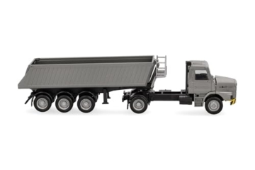 Herpa LKW Modell Mercedes Benz Scania Hauber Kipp-Sattelzug, grau/gelb, Miniatur im Maßstab 1:87, Sammlerstück, Made in Germany, Kunststoff - 3