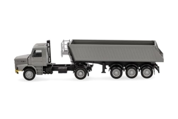 Herpa LKW Modell Mercedes Benz Scania Hauber Kipp-Sattelzug, grau/gelb, Miniatur im Maßstab 1:87, Sammlerstück, Made in Germany, Kunststoff - 4