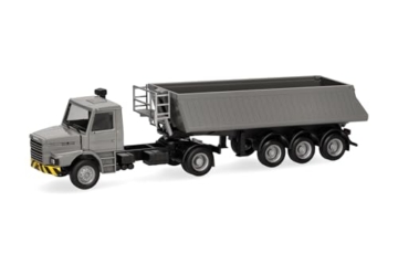 Herpa LKW Modell Mercedes Benz Scania Hauber Kipp-Sattelzug, grau/gelb, Miniatur im Maßstab 1:87, Sammlerstück, Made in Germany, Kunststoff - 1