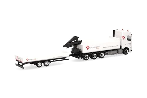 Herpa LKW Modell Volvo FH GL 2020 Pritschen-LKW 4achs mit Tiefbetttandemanhänger 2achs Schachinger (Österreich), Miniatur im Maßstab 1:87, Sammlerstück, Made in Germany, Kunststoff - 2