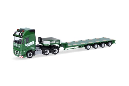 Herpa LKW Modell Volvo FH GL XL 2020 Semitieflade-Sattelzug Kübler, Miniatur im Maßstab 1:87, Sammlerstück, Made in Germany, Kunststoff, grün - 1