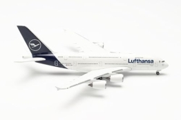 herpa Modellflugzeug Lufthansa Airbus A380 – D-AIMK Düsseldorf, Miniatur im Maßstab 1:500, Sammlerstück, Modell ohne Standfuß, Metall, White, Gray, Blue - 1