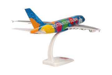 herpa Snap-Fit Modellflugzeug Emirates Airbus A380 “Destination Dubai” – A6-EOT Miniatur im Maßstab 1:250, Sammlerstück, Modell mit Standfuß, Kunststoff, Weiß - 2