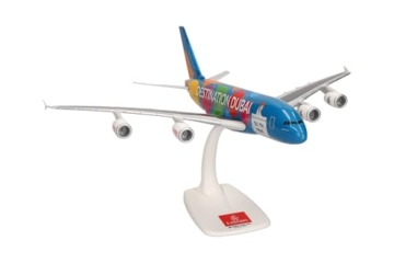herpa Snap-Fit Modellflugzeug Emirates Airbus A380 “Destination Dubai” – A6-EOT Miniatur im Maßstab 1:250, Sammlerstück, Modell mit Standfuß, Kunststoff, Weiß - 3