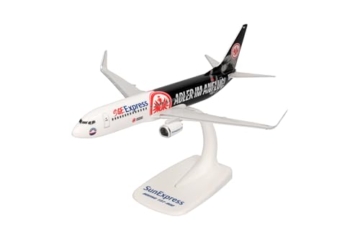 Herpa Snap-Fit Modellflugzeug Sun Express Boeing 737-800 "Eintracht Frankfurt - SGE Express - Adler im Anflug - TC-SPM, Miniatur im Maßstab 1:200, Sammlerstück, Modell mit Standfuß, Kunststoff - 1