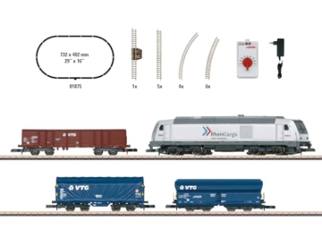 Märklin 81875 Spur Z Startpackung Moderner Güterverkehr – Diesellok BR 285 mit Metallfahrwerk, 3 Güterwagen, Gleisoval & Fahrgerät – Modellbahn Startset 1:220 - 2