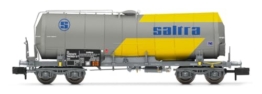 RENFE Tankwagen, 4 Achsen, isoliert, „Saltra“, für den Transport von Blausäure, gelb-grün lackiert, Epoche IV - 1