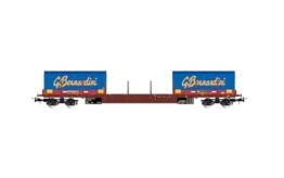 Rivarossi HR6555 FS, 4-achsiger Flachwagen Bauart RGS mit 2 x 20‘ Coilcontainern „Gruppo Bernardini“, Ep. V-Modell EisenbahnFahrzeuge – Waggons - 1