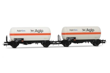 Rivarossi HR6620 FS, 2er-Packung 2-achsiger Gaskesselwagen, weiß mit orangefarbenem Streifen, „Agipgas“, Ep. IV Rollmaterial – Waggons - 1