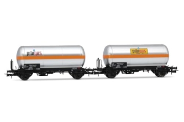 Rivarossi HR6621 FS, 2er-Packung 2-achsiger Gaskesselwagen, Silber mit orangefarbenem Streifen, „Pibigas“, Ep. IVa Rollmaterial – Waggons - 1